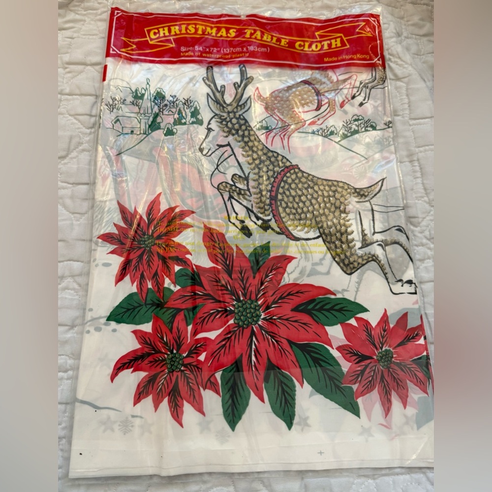 Vintage Festive Reindeer and Poinsettia table cloth 54x72